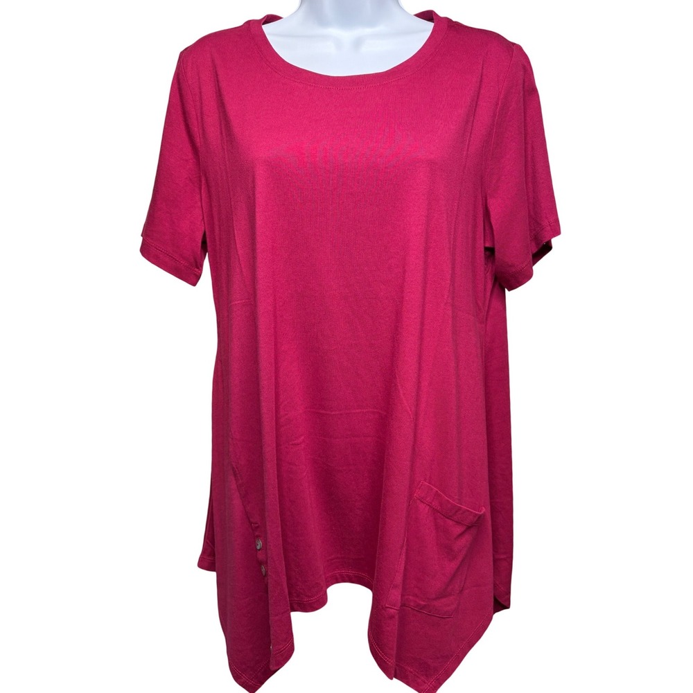 LOGO LORI GOLDSTEIN Womens Raspberry Pink Sharkbite Hem Tunic Top L Lagenlook